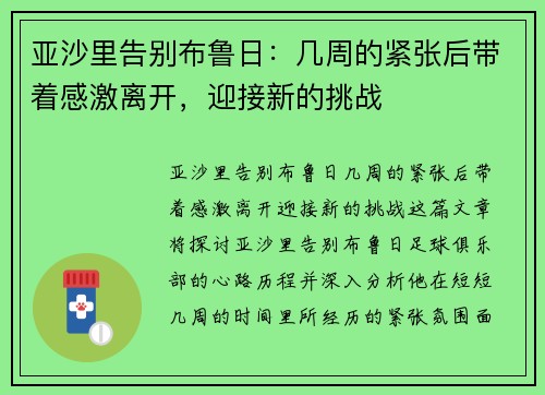 亚沙里告别布鲁日：几周的紧张后带着感激离开，迎接新的挑战